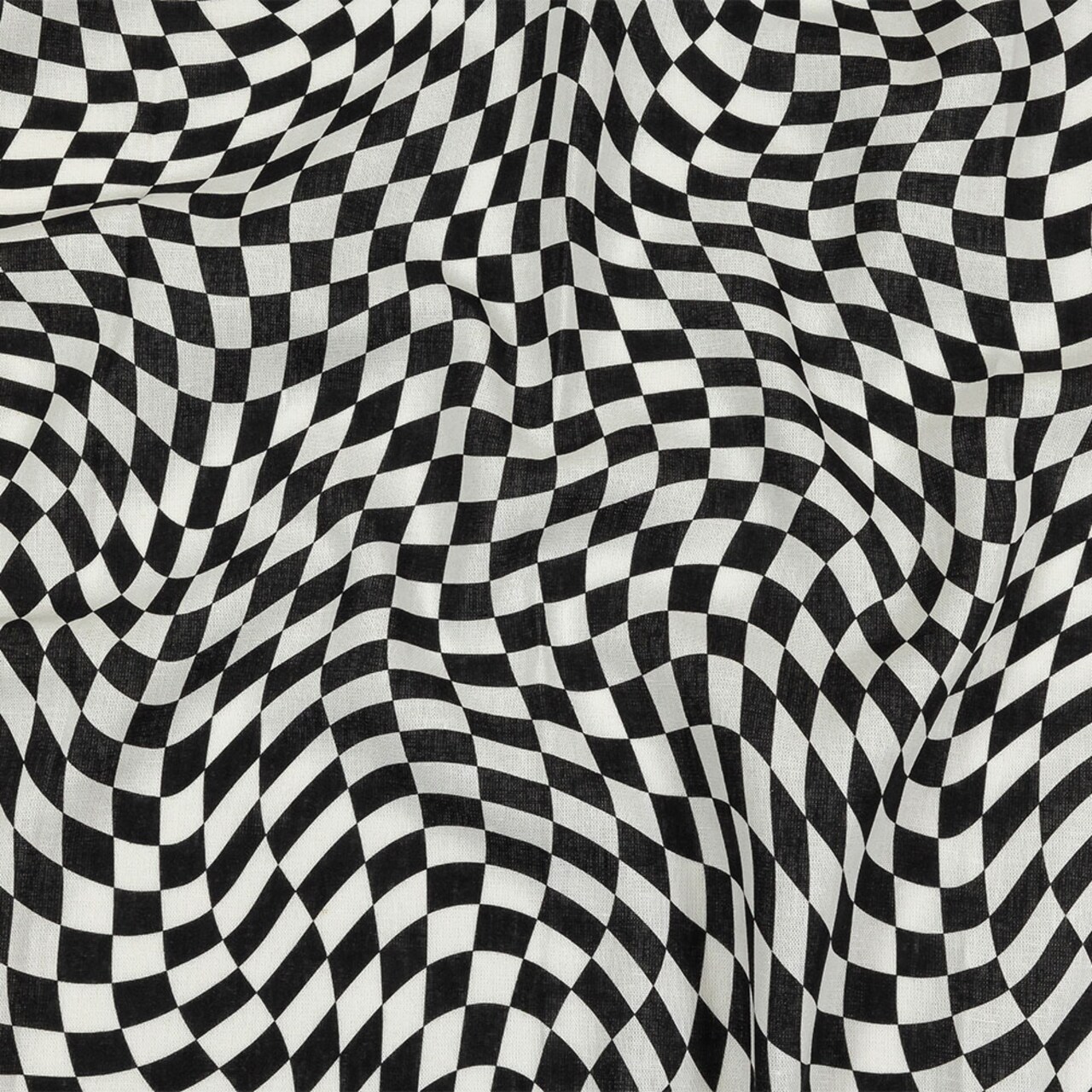 1 Yard Linen and Rayon Woven Black and White Warped Checks Down the Rabbit Hole Print
